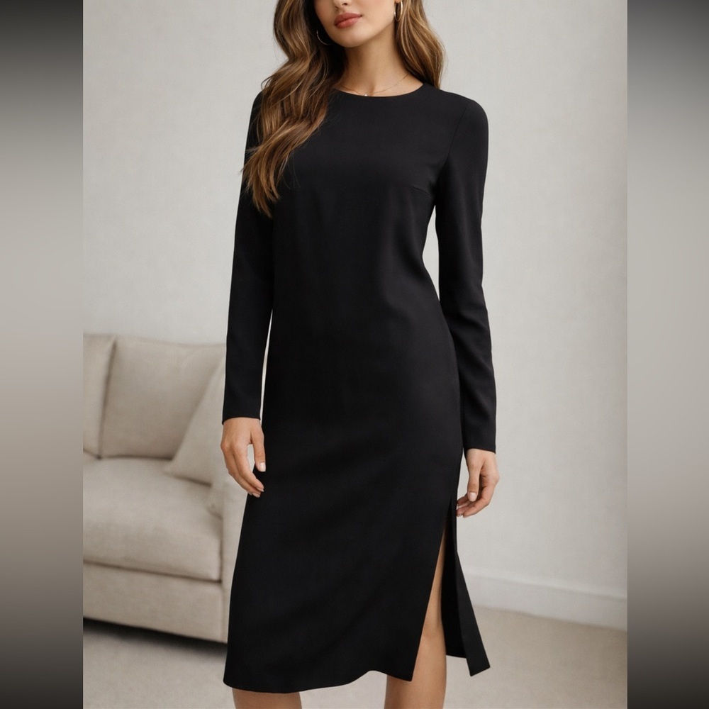 Aritzia Babaton Black Midi Dress Minimalist Open Back Slit Long Sleeve Size 6 - Picture 1 of 14